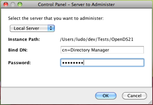 OpenDS Control Panel, connection dialog