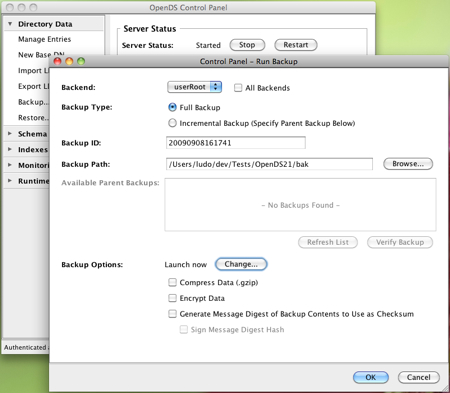 OpenDS control panel Backup screen