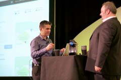 Chris and Allan around an Internet connected coffee machine, powered by ARM